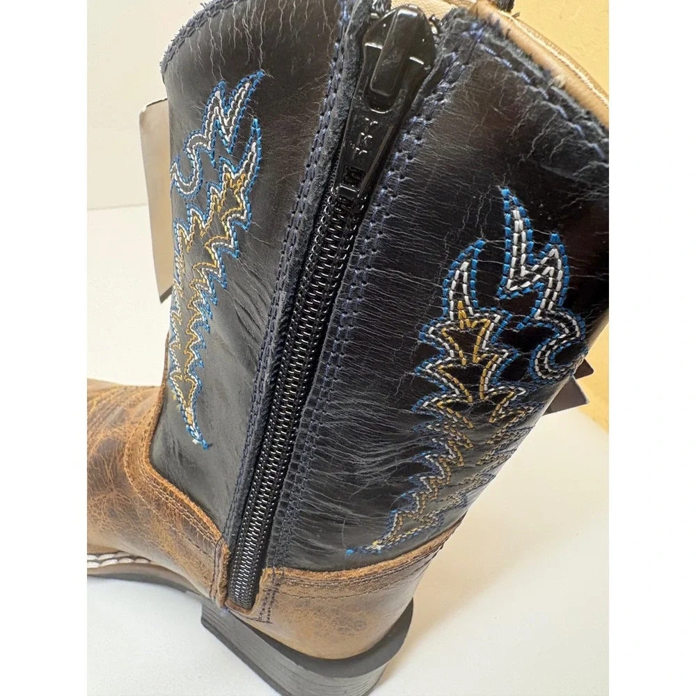 Old West Toddler Boys Brown Black Leather Square Toe Cowboy Boots BSI1960 Sz 7D